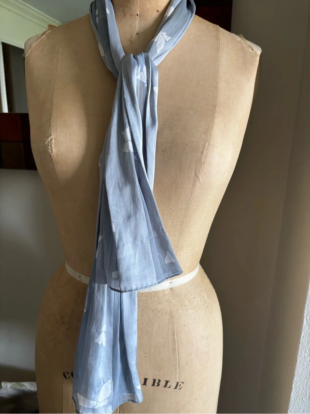 Vintage Butterfly Scarf 11”x52” Lavender White Satin Stripes